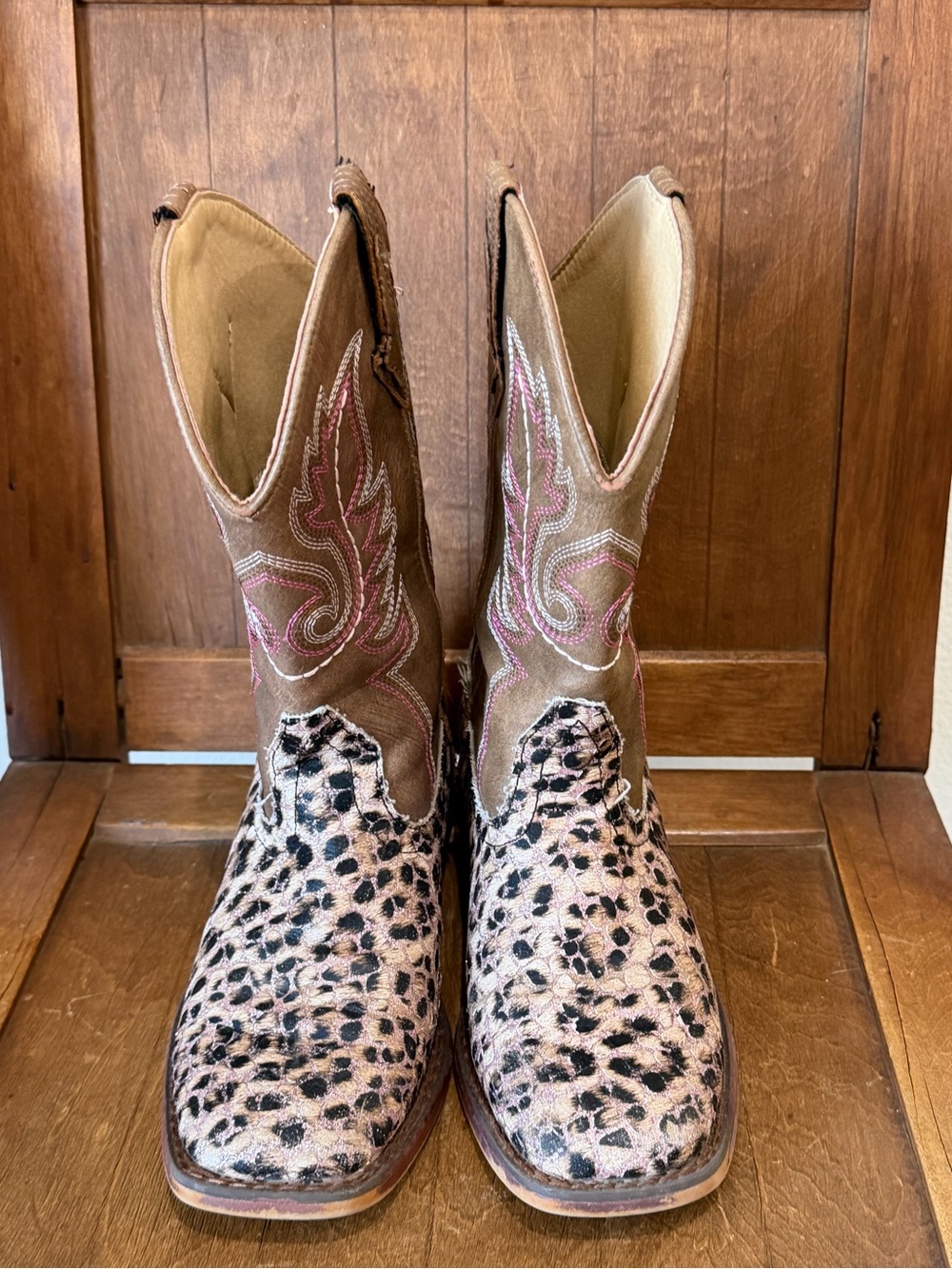 Roper Kids Pull-On Cowboy Boots in Cheetah Pink Print Brown Girls Size 2